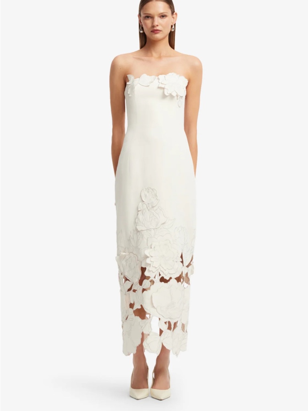 Strapless Ivory Floral-Appliqué Midi Dress